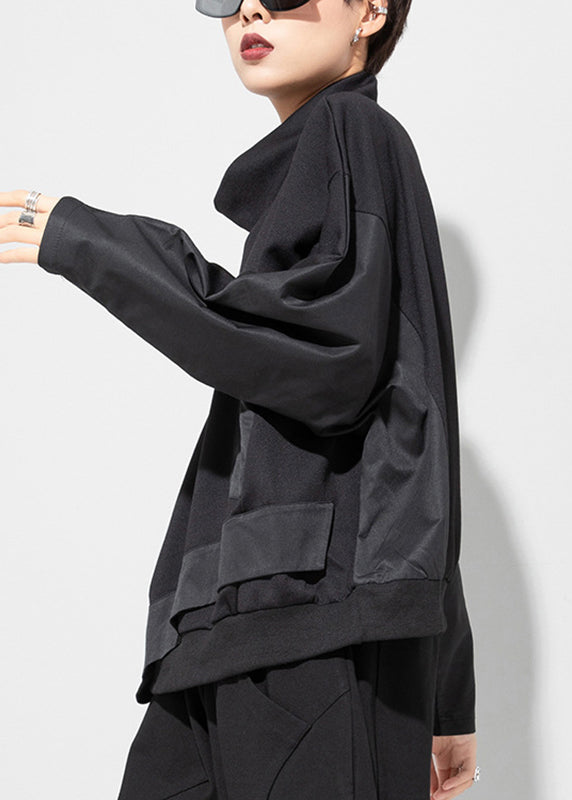 Art Black Turtleneck Patchwork Pockets Pullover Batwing Sleeve