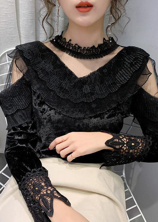 Art Black Coundleneck Velor Lace Patchwork Tulle Top Bottoming Shirt