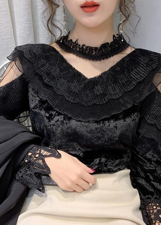 Art Black Coundleneck Velor Lace Patchwork Tulle Top Bottoming Shirt