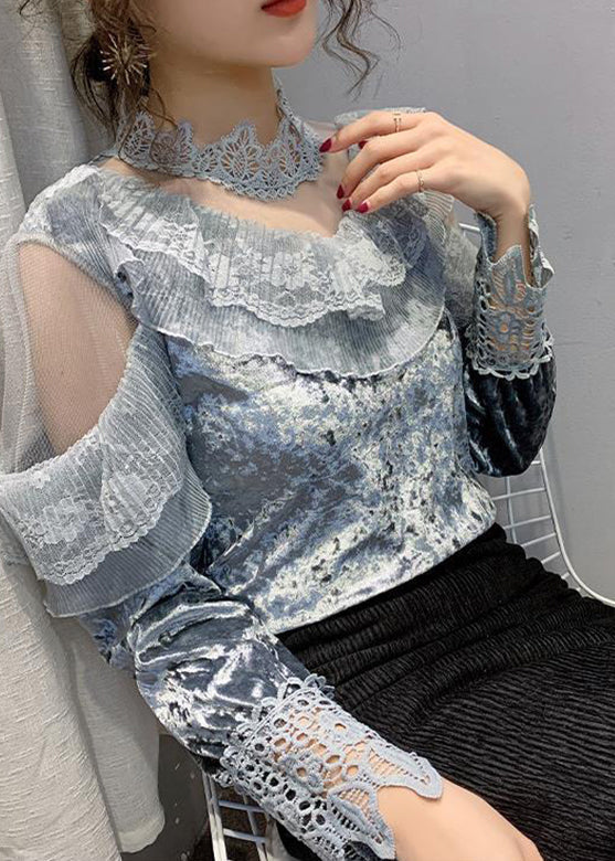 Art Black Coundleneck Velor Lace Patchwork Tulle Top Bottoming Shirt