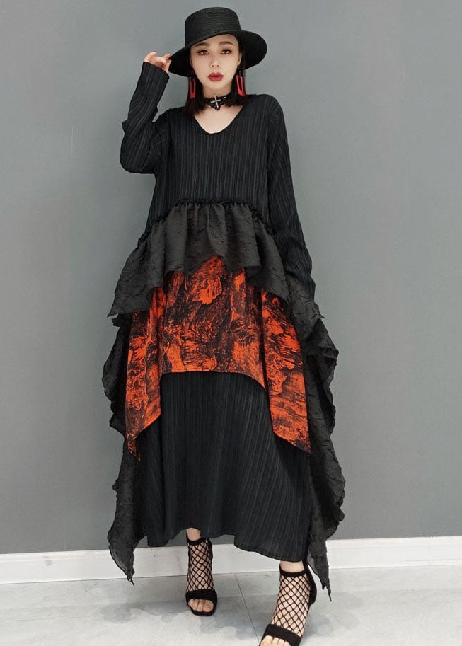 Art Black V Neck Neck Asymétrical Patchwork Ruffles Robes à manches longues