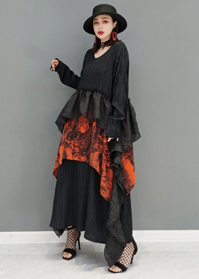 Art Black V Neck Neck Asymétrical Patchwork Ruffles Robes à manches longues