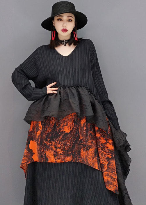 Art Black V Neck Neck Asymétrical Patchwork Ruffles Robes à manches longues