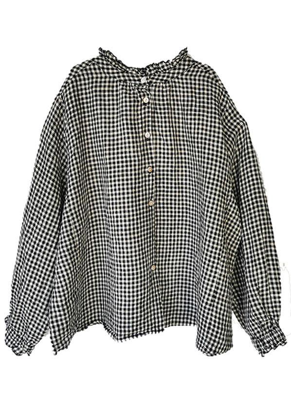 Art Black White Plaid Button Ruffled Fall Long sleeve Blouse Top - SooLinen