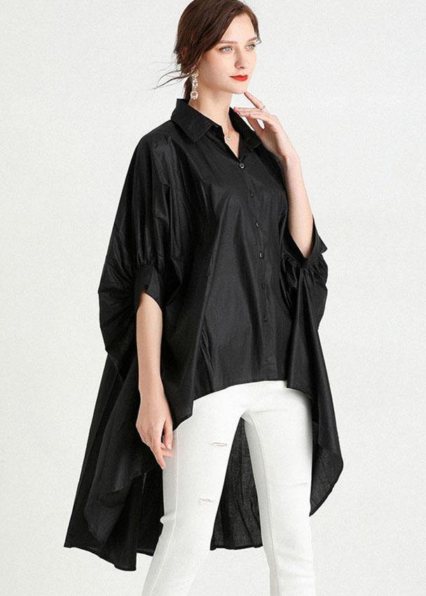 Art Black Wrinkled Button Summer Cotton Shirt Half Sleeve Top - SooLinen