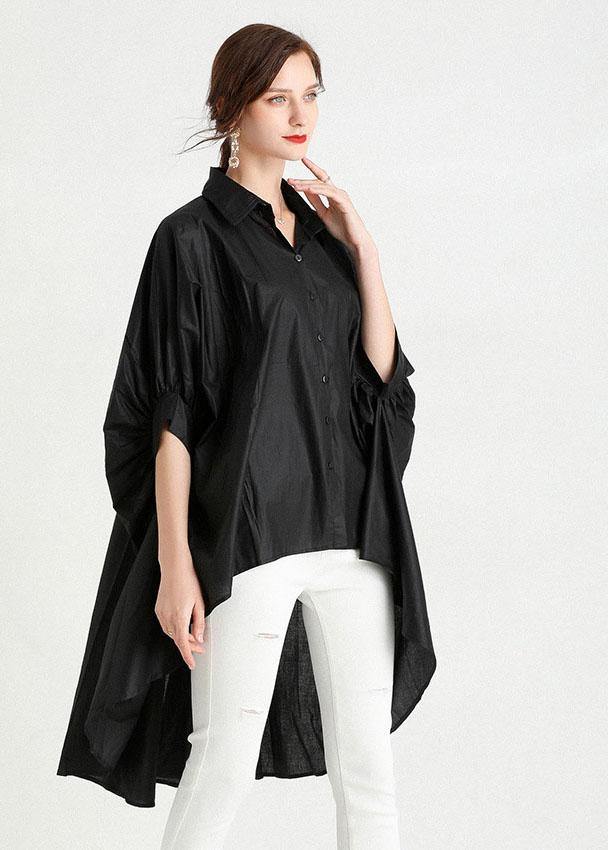 Art Black Wrinkled Button Summer Cotton Shirt Half Sleeve Top - SooLinen