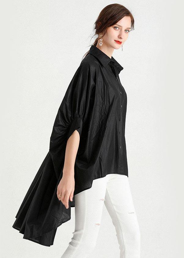 Art Black Wrinkled Button Summer Cotton Shirt Half Sleeve Top - SooLinen