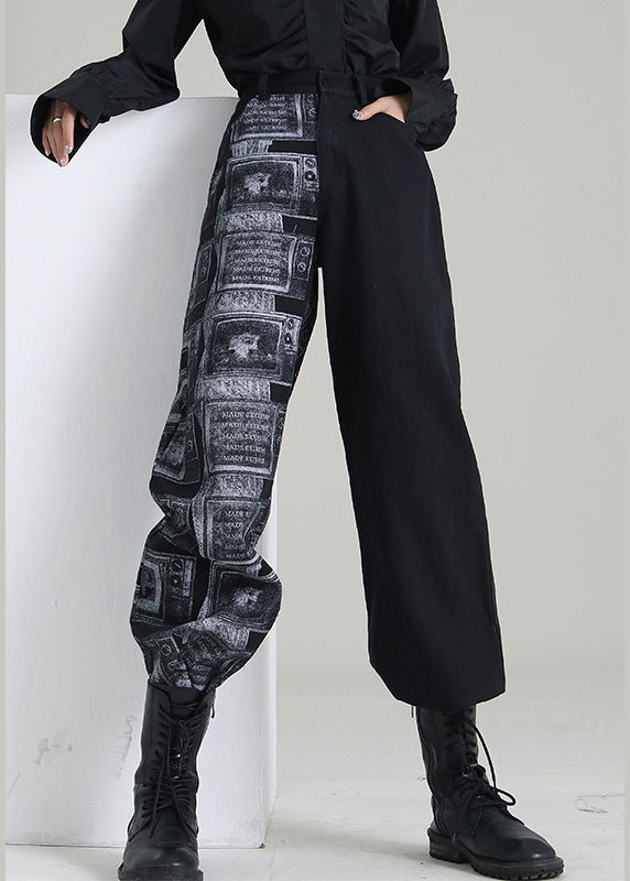 Art Black Zip Up Patchwork Denim Pants printemps