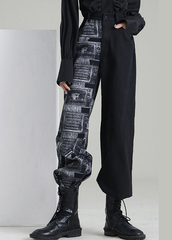 Art Black Zip Up Patchwork Denim Pants printemps