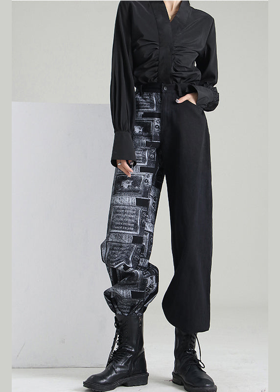 Art Black Zip Up Patchwork Denim Pants printemps