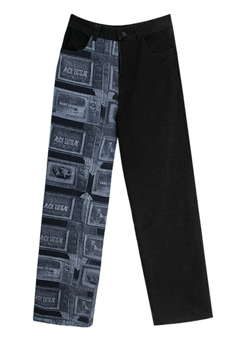 Art Black Zip Up Patchwork Denim Pants printemps