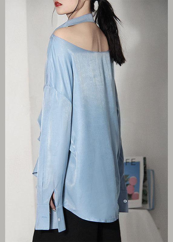 Art Blue Asymmetrical design Backless Long sleeve Summer Shirt - SooLinen