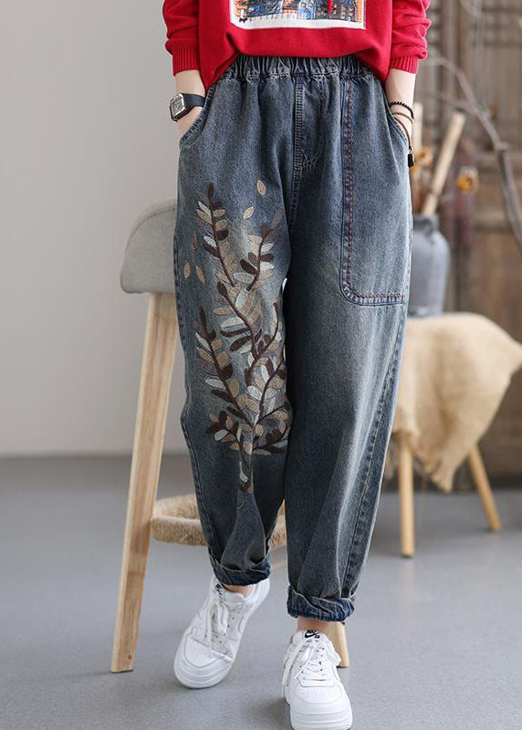 Art Blue Embroideried Pockets Elastic Waist Cotton Denim Harem Pants Fall