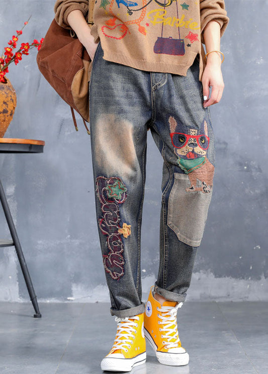 Art Blue Broideried Pockets Pantalon Denim Pantalon