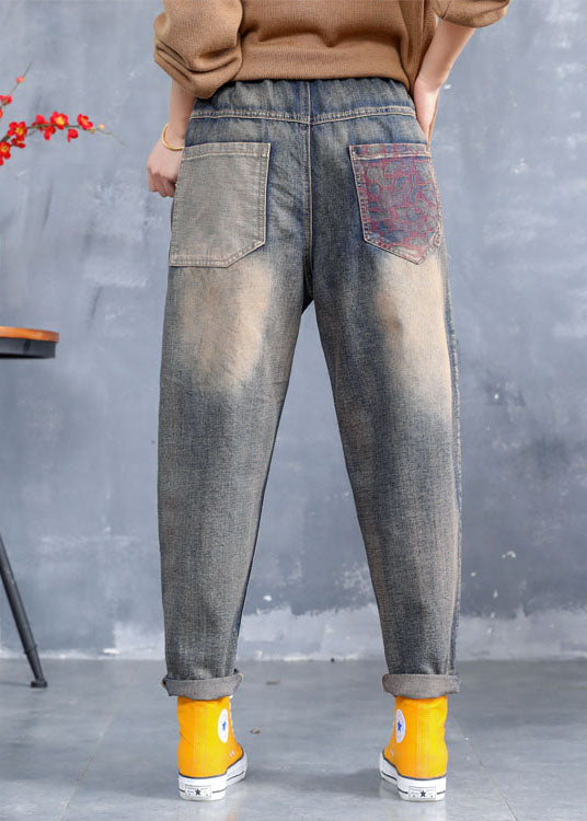 Art Blue Broideried Pockets Pantalon Denim Pantalon