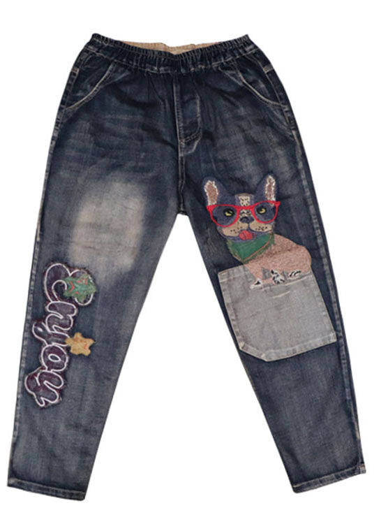 Art Blue Broideried Pockets Pantalon Denim Pantalon