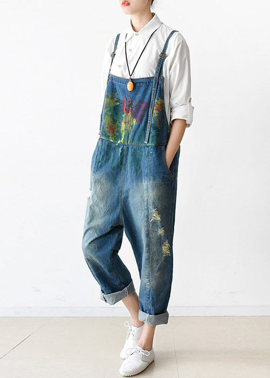 Art Blue Graffiti Denim Sleck Jumpsuit Ripped Jeans Fall