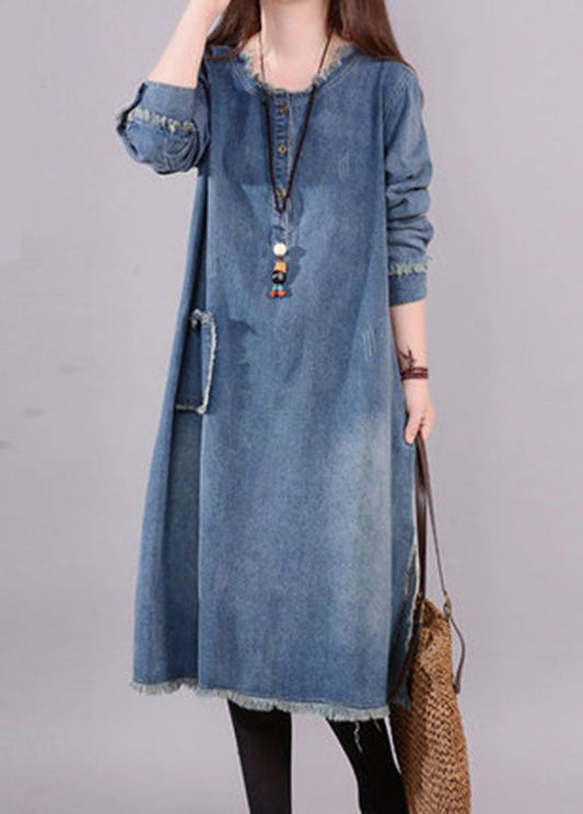 Art Blue O-Leck Pockets Button Robe à manches longues de Denim Fall