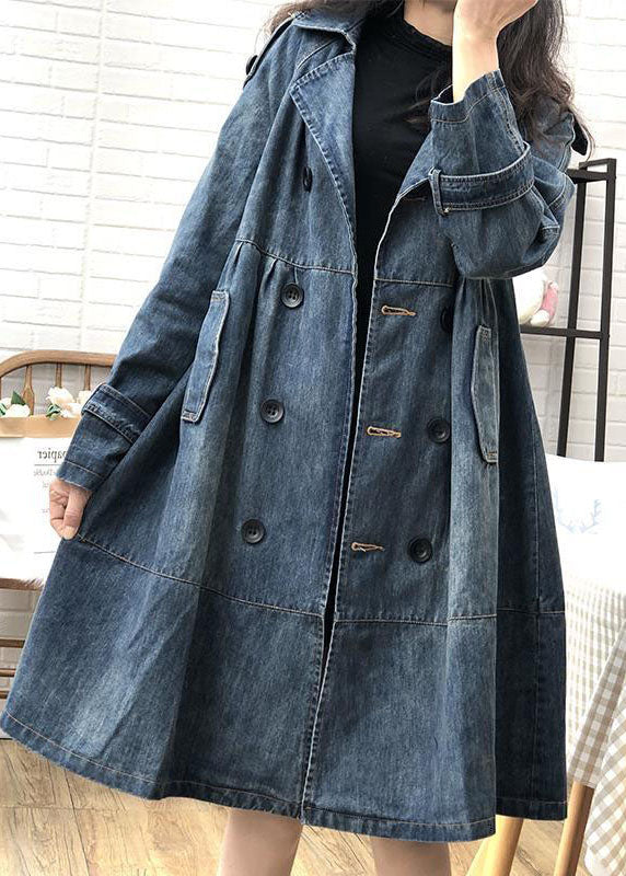 Art Blue Peter Pan Collar Pockets Button Fall Fall Denim Trench Coats Coat