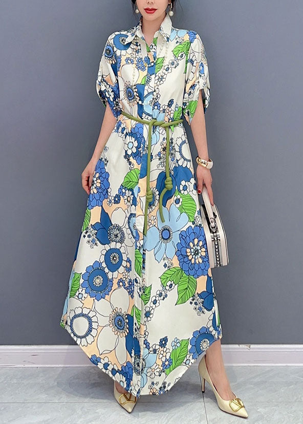 Art Blue Peter Pan Collar Print Cotton Maxi Shirts Robes Summer