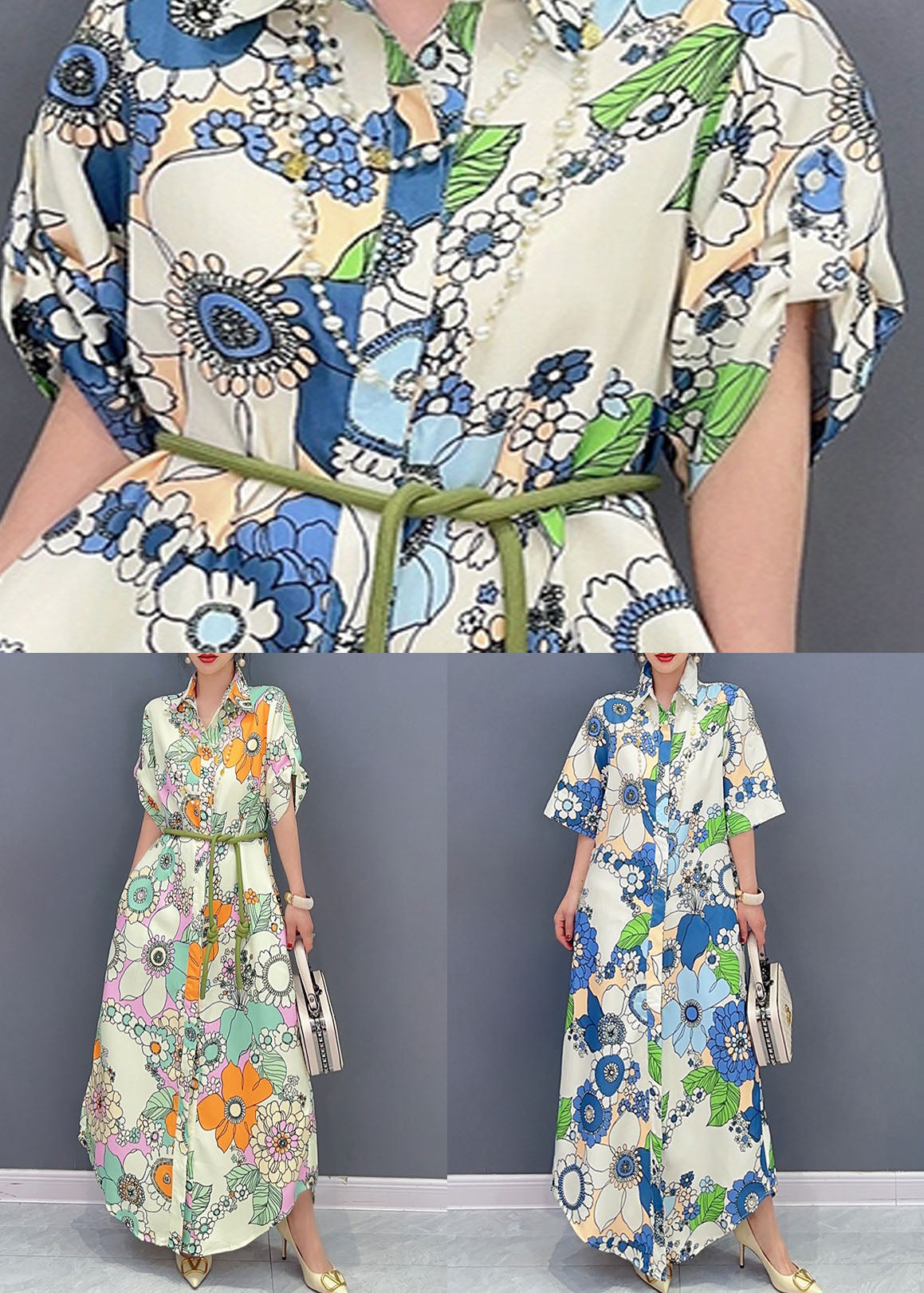 Art Blue Peter Pan Collar Print Cotton Maxi Shirts Robes Summer