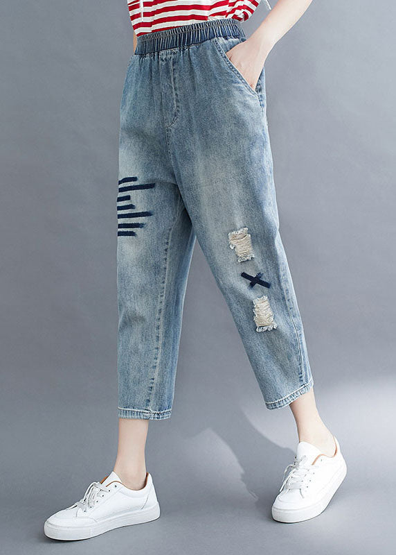 Art Blue Pockets Élastique Patchwork Patchwork Denim Crop Pantal