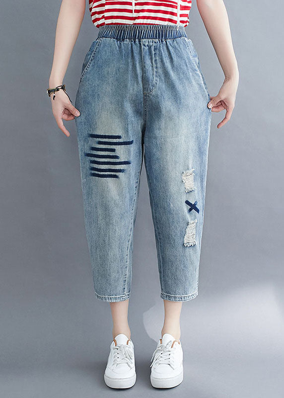 Art Blue Pockets Élastique Patchwork Patchwork Denim Crop Pantal