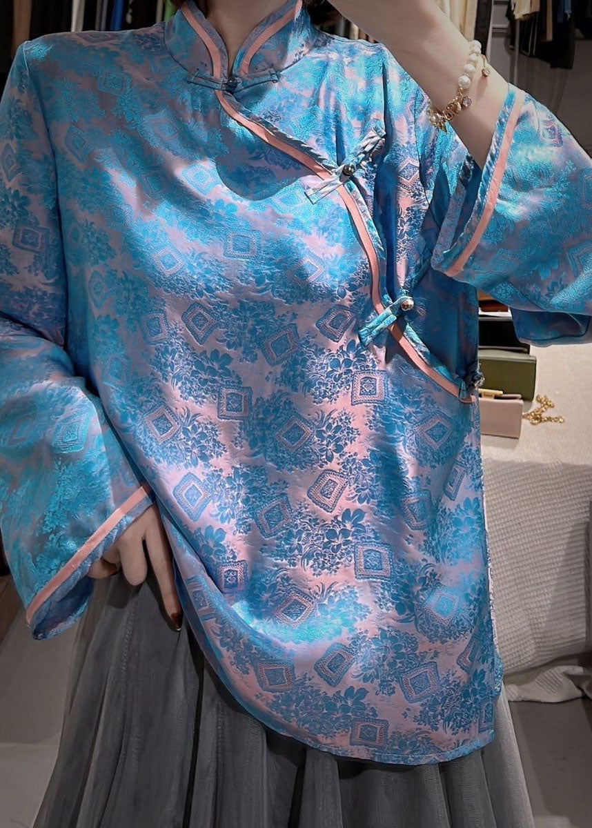 Art Blue Stand Collar surdimensionné Jacquard Silk Blouses Fall