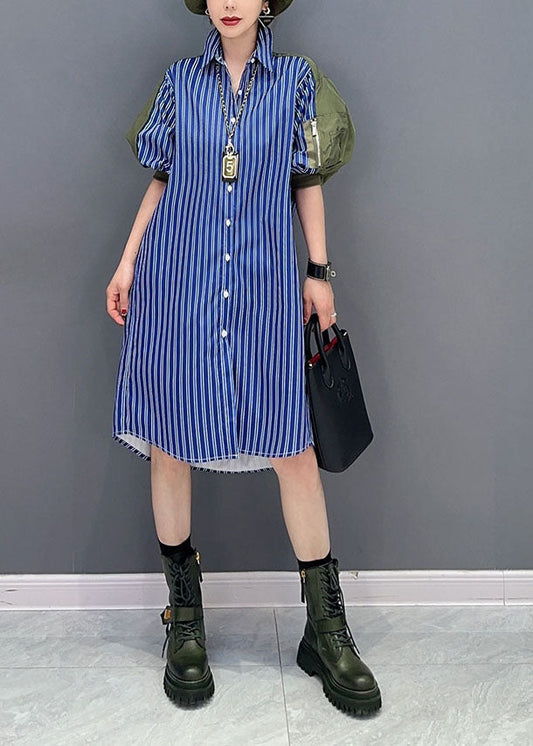 Art Blue Striped Peter Pan Collar Patchwork Coton Shirts Robes Puff Sleeve