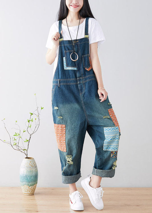 Art Blue Pockets Patchwork Ripped Denim Jumps Suit