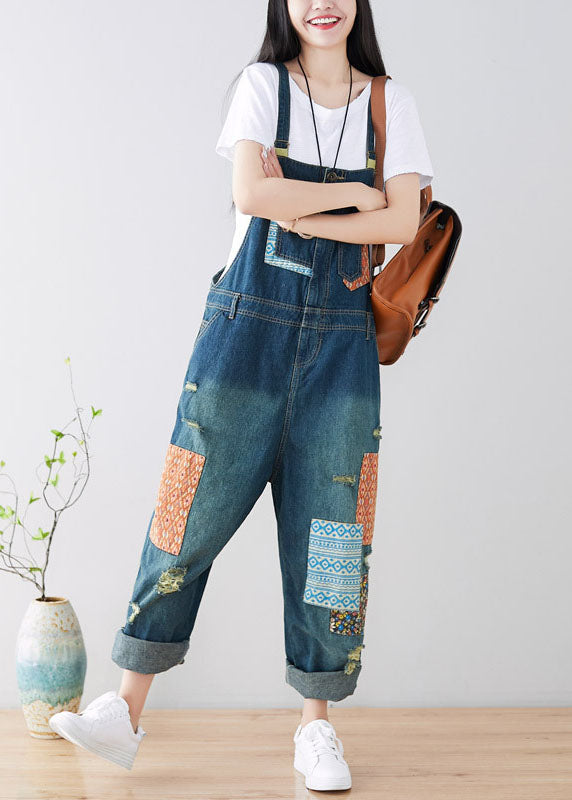 Art Blue Pockets Patchwork Ripped Denim Jumps Suit