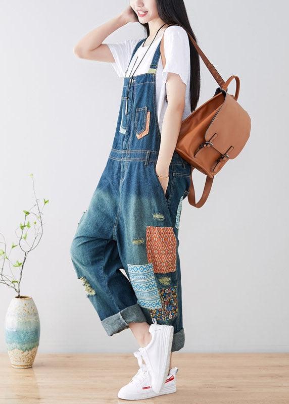 Art Blue Pockets Patchwork Ripped Denim Jumps Suit