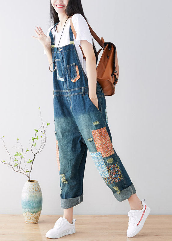 Art Blue Pockets Patchwork Ripped Denim Jumps Suit