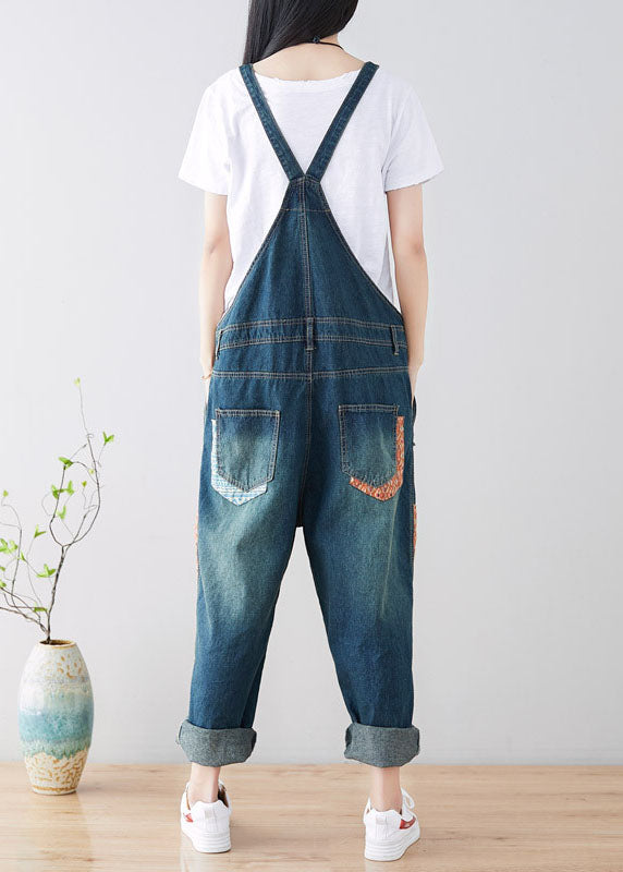 Art Blue Pockets Patchwork Ripped Denim Jumps Suit