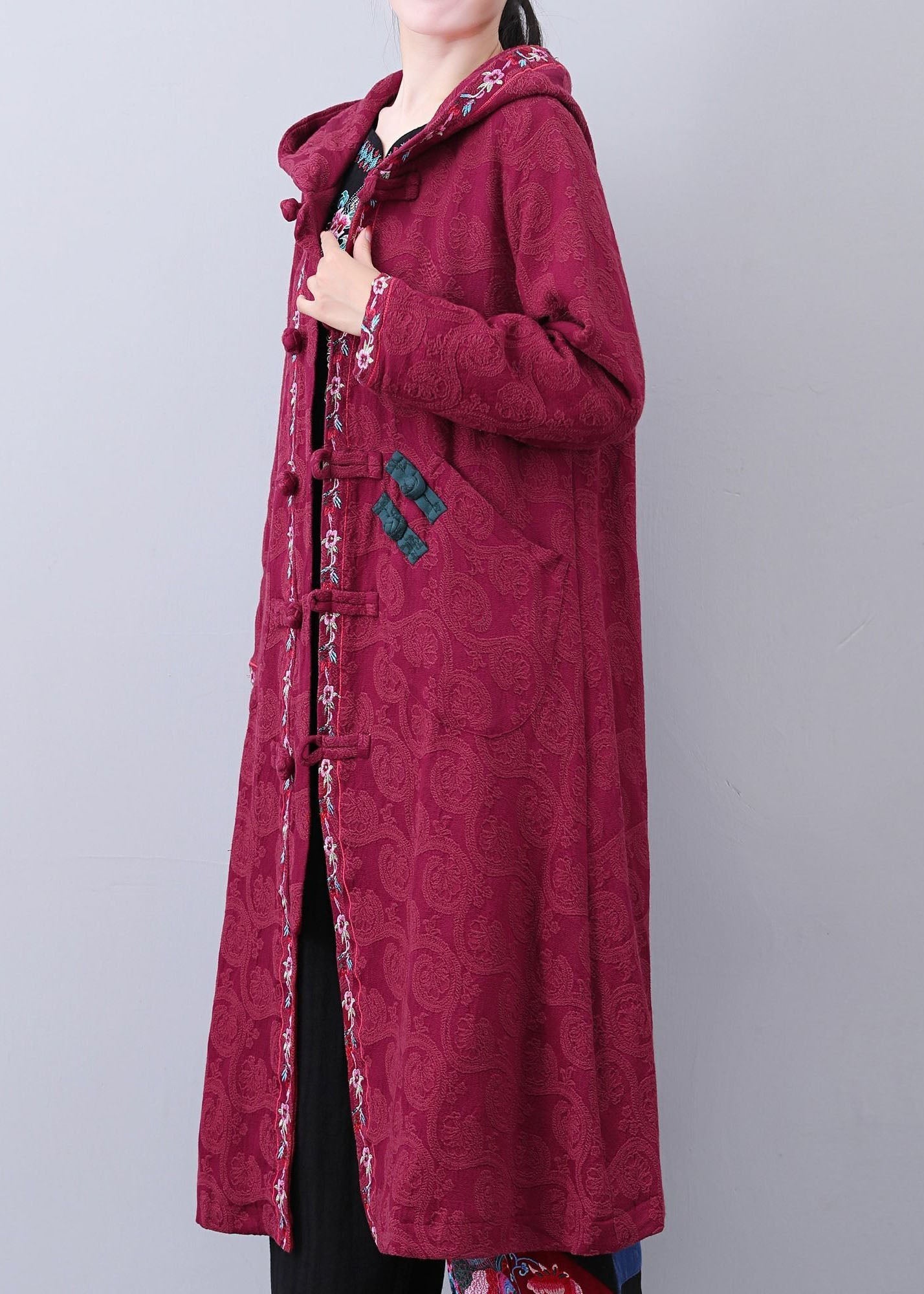 Art Brick Red Hotted Broideried Jacquard Long Coat Fall