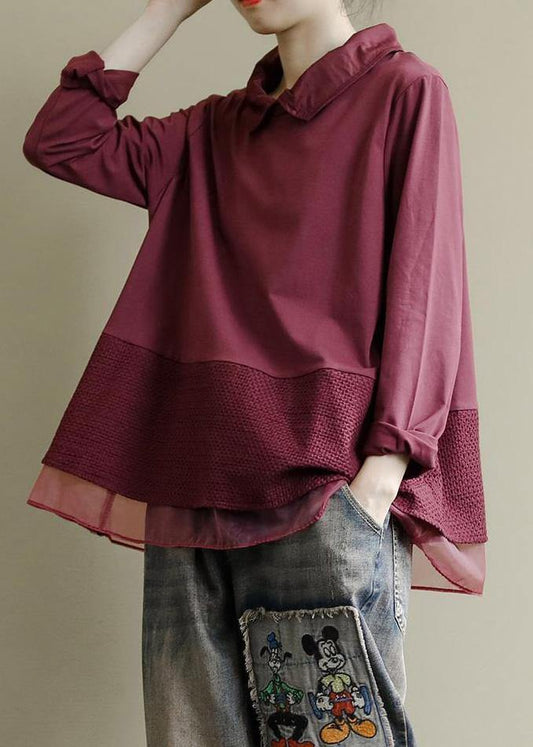 Art Burgundy Patchwork Baggy Shirt Clothes Lapel - SooLinen