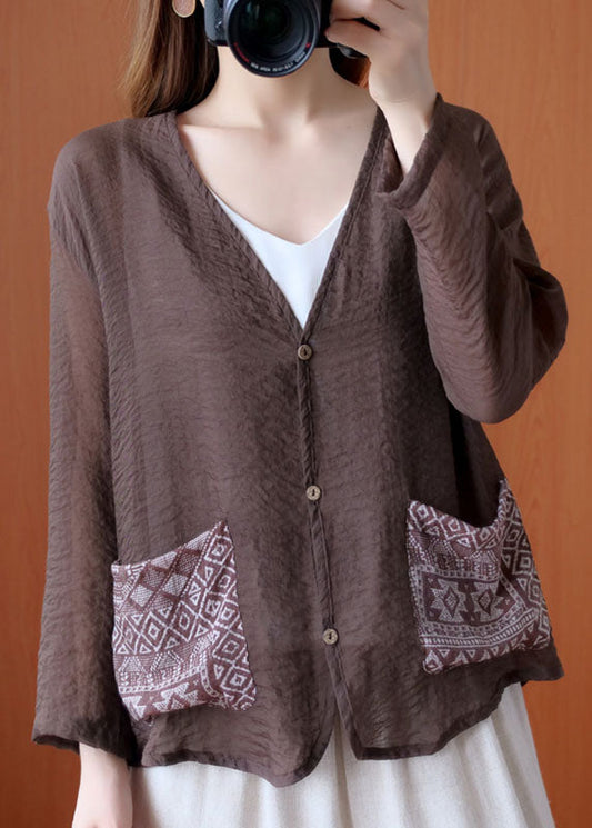 Art Chocolate V Neck Patchwork Pockets en lin Shirt Tops Spring