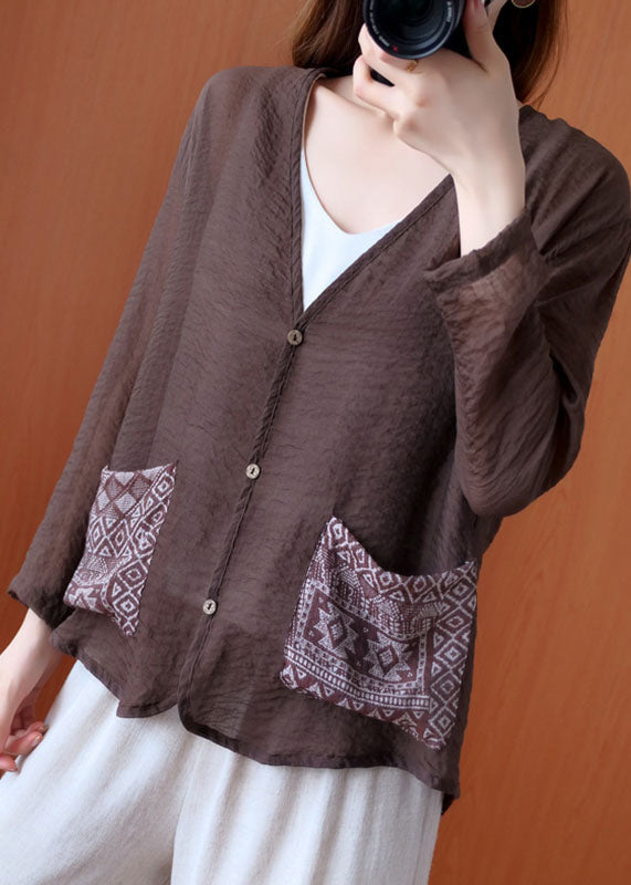 Art Chocolate V Neck Patchwork Pockets en lin Shirt Tops Spring