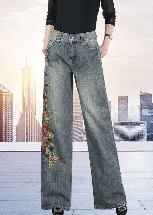 Art Blue bleu haute taille florale brodées pantalons pantalons droits en denim en coton chute