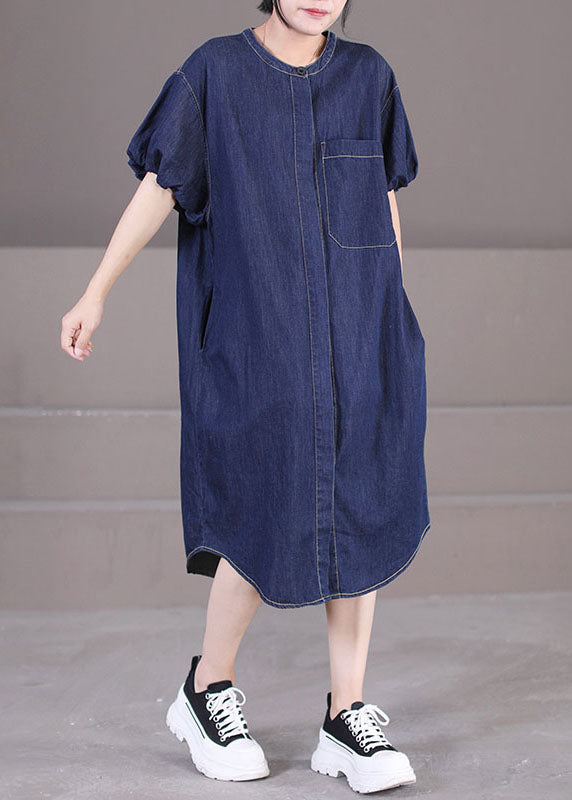 Art Denim Blue O Neck Patchwork Coton Shirt Robes Lantern Sleeve