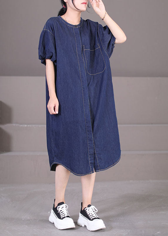 Art Denim Blue O Neck Patchwork Coton Shirt Robes Lantern Sleeve