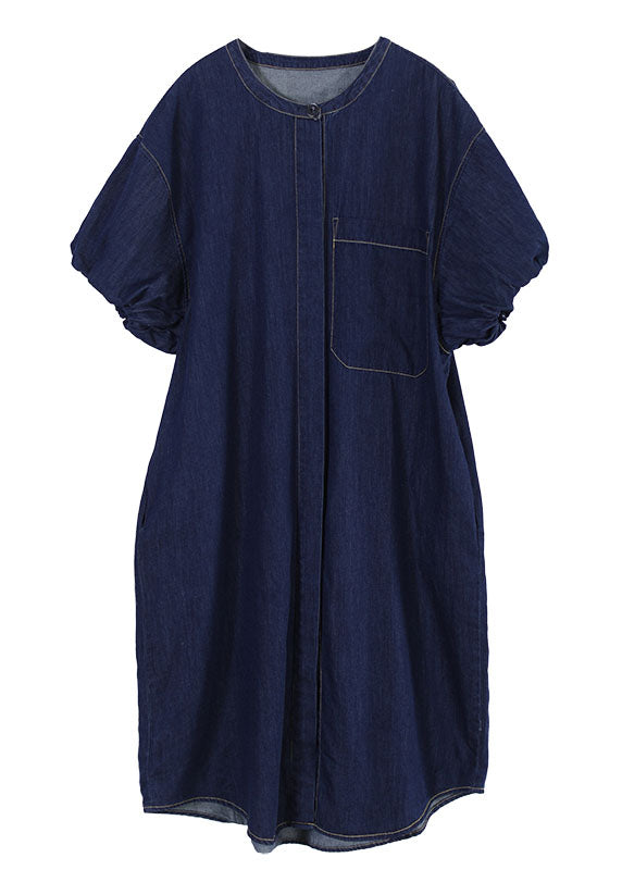 Art Denim Blue O Neck Patchwork Coton Shirt Robes Lantern Sleeve