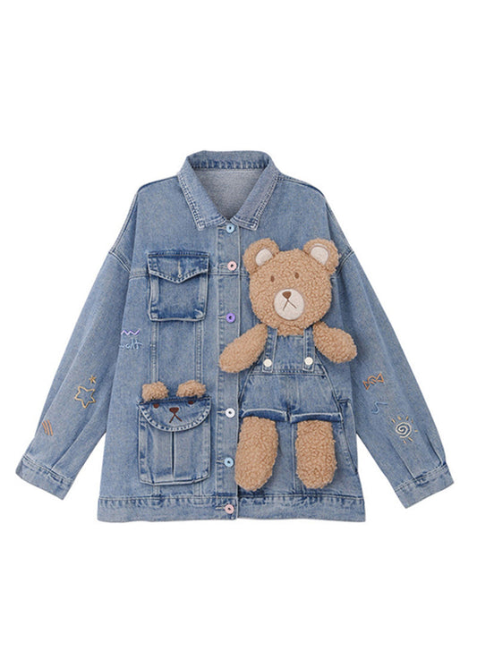 Art Denim Blue Peter Pan Collar Patchwork Little Bear Button Bouton Fall Fall