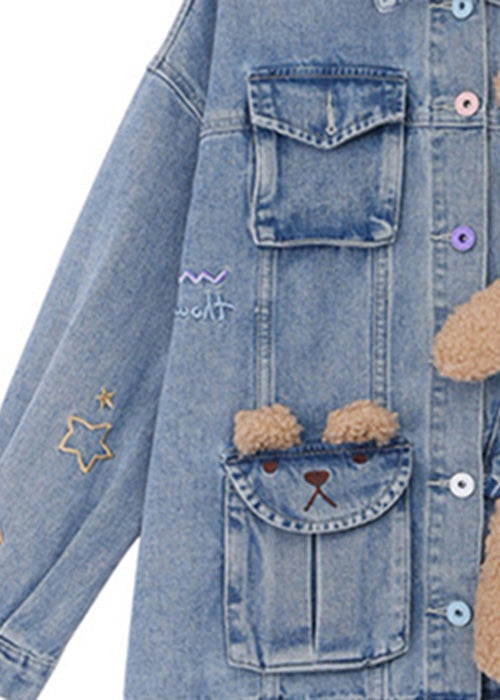 Art Denim Blue Peter Pan Collar Patchwork Little Bear Button Bouton Fall Fall