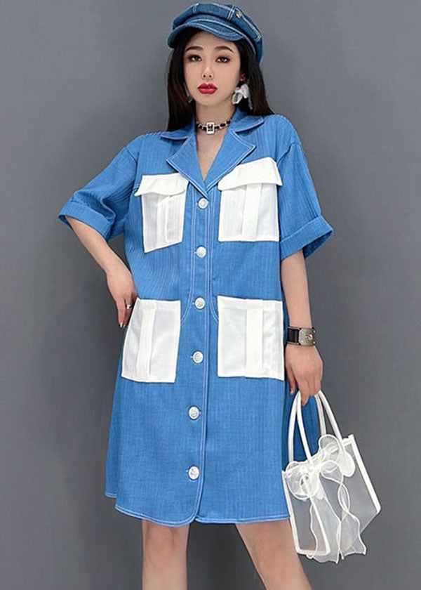 Art Denim Blue Peter Pan Collar Patchwork Pockets Cotton Holiday Dress Short Sleeve