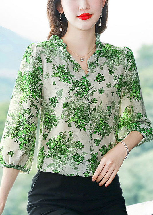 Art Green Ruffled Patchwork Print Mariffon Shirt Top Summer