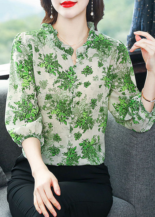 Art Green Ruffled Patchwork Print Mariffon Shirt Top Summer