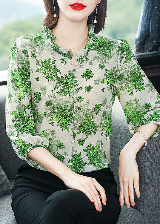 Art Green Ruffled Patchwork Print Mariffon Shirt Top Summer