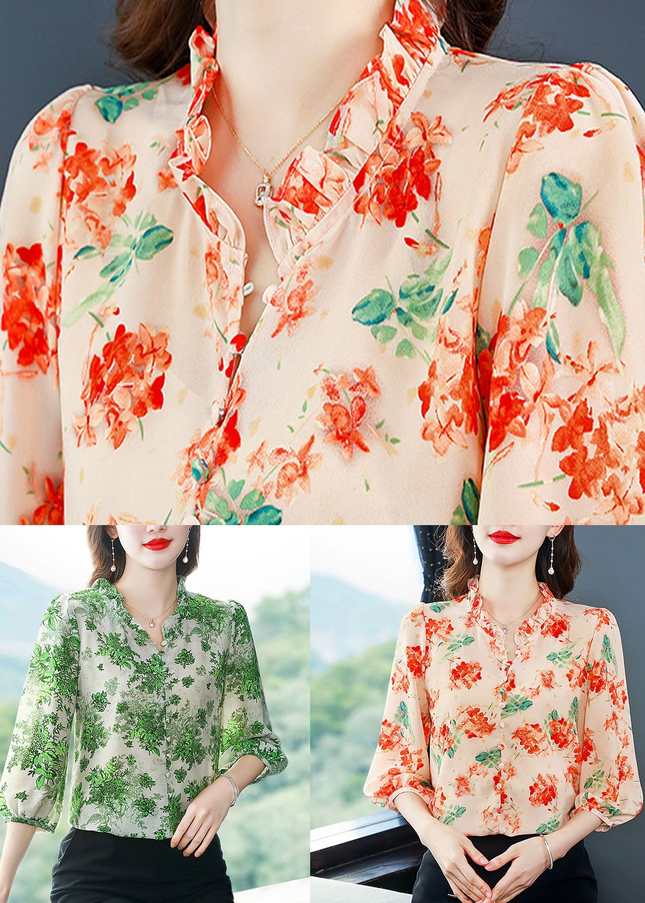 Art Green Ruffled Patchwork Print Mariffon Shirt Top Summer