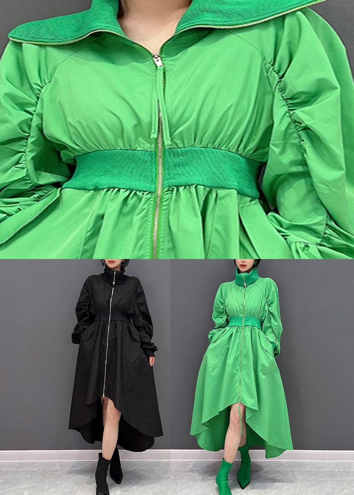 Art Green Coldurtleneck Robes maxi à tuniques zippées automne